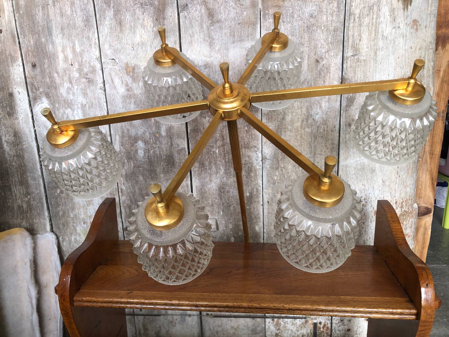 Old Chandelier 6 Lights Golden Metal + Molded Glass Reflector