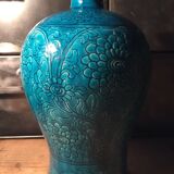 Vase grès émaillé bleu turquoise décor floral