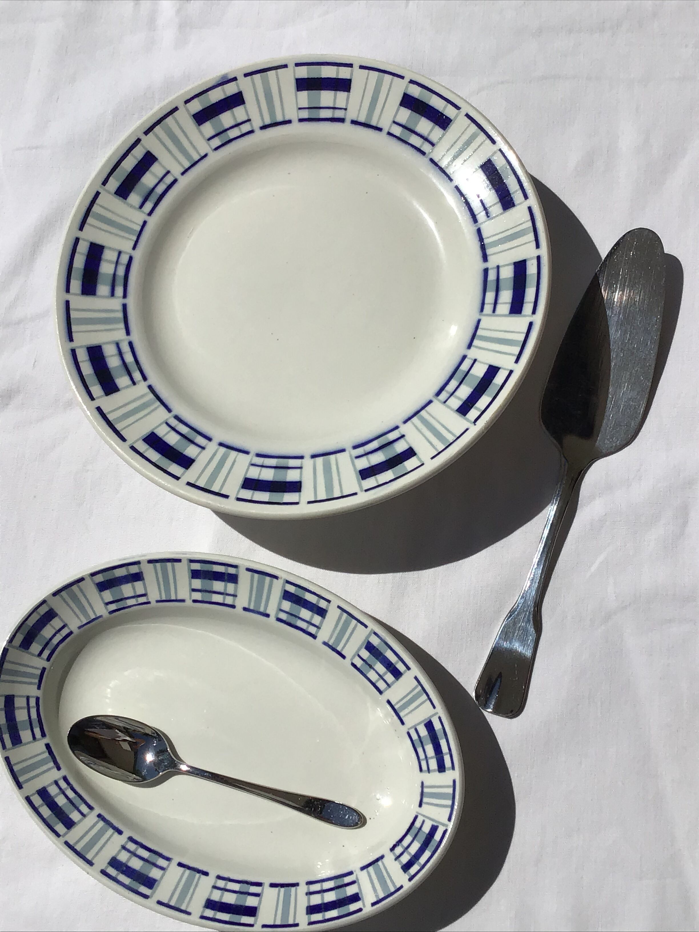 St Amand cup and ramekin blue stripes