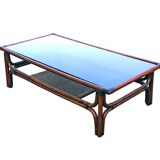 Large vintage rattan and smoked glass coffee table, 1970s