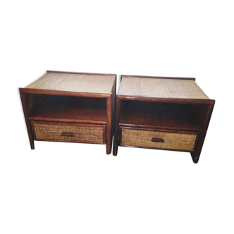 Paire de tables de chevet rotin et bambou, vintage