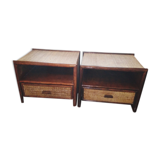 Pair of rattan and bamboo bedside tables, vintage