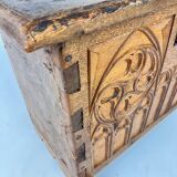 Antique Oak Chest with Carved Gothic Panel, 1900s
