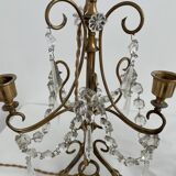 Pair of lamps, 3-light candlesticks, shabby chic, glass tassels, pendants, pleated fabric lampshade