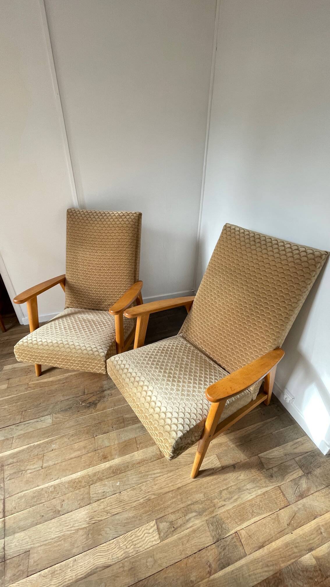 Pair of Manucere armchairs with vintage compass legs
