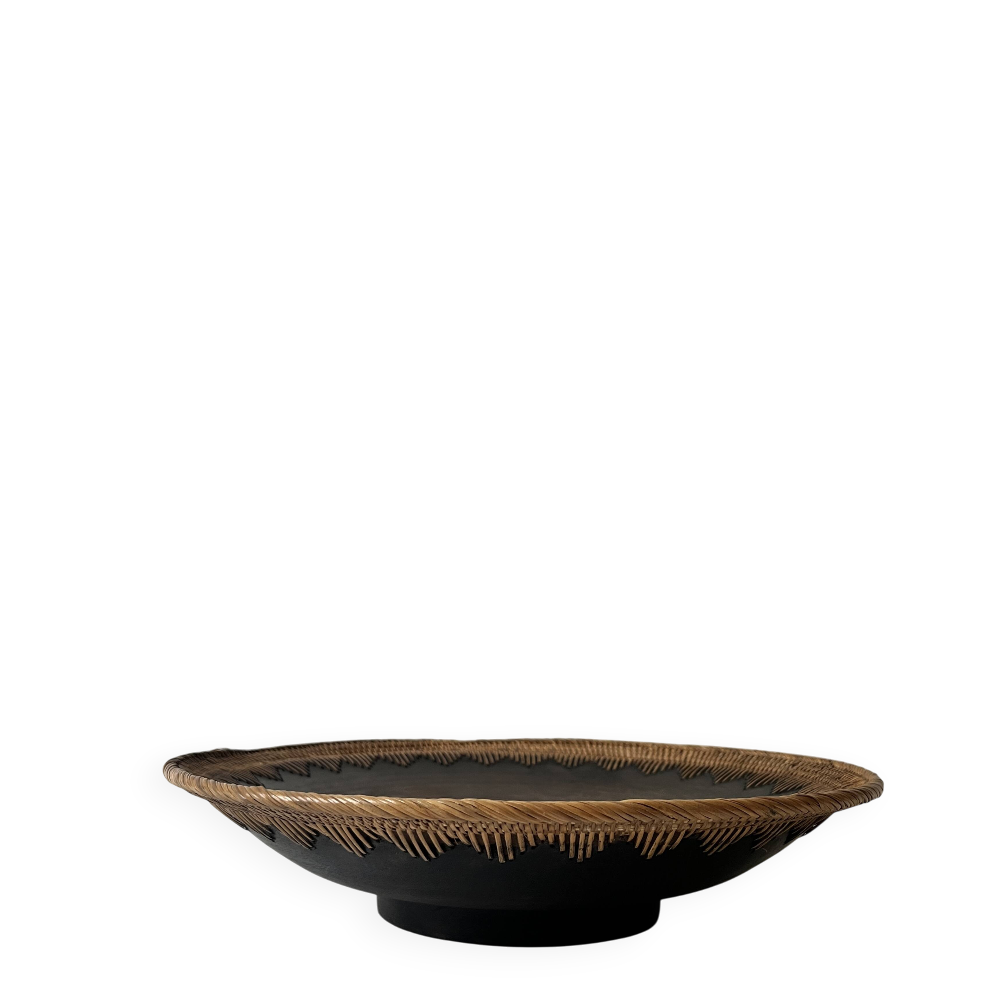 Large basket/trinket tray in blackened wood, wickerwork & mother-of-pearl