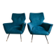 Pair of vintage Italian armchairs, 1950s-1960s, peacock blue velvet.
