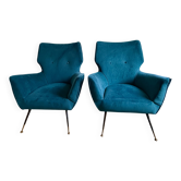 Paire de fauteuils vintage italiens, années 1950-1960, velours bleu paon