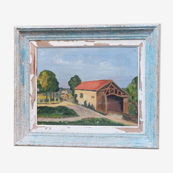 Peinture à l’huile de paysage vintage « Maisons de la ville » moderne du milieu du siècle, encadrée