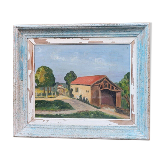 Peinture à l’huile de paysage vintage « Maisons de la ville » moderne du milieu du siècle, encadrée