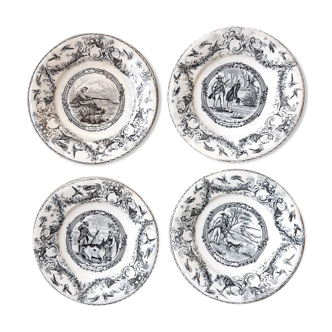 4 talking plates in Grigny earthenware, 19th