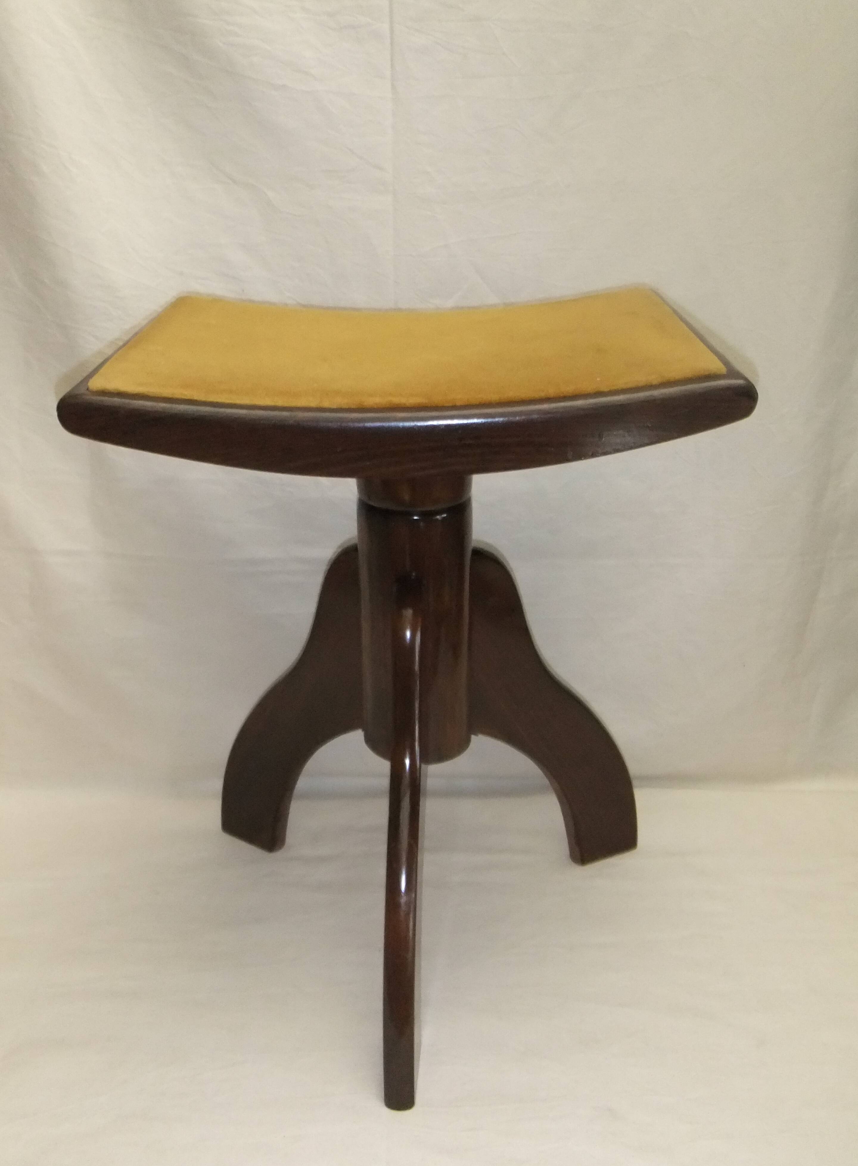 Piano stool bench old wooden tripod foot mustard velvet top