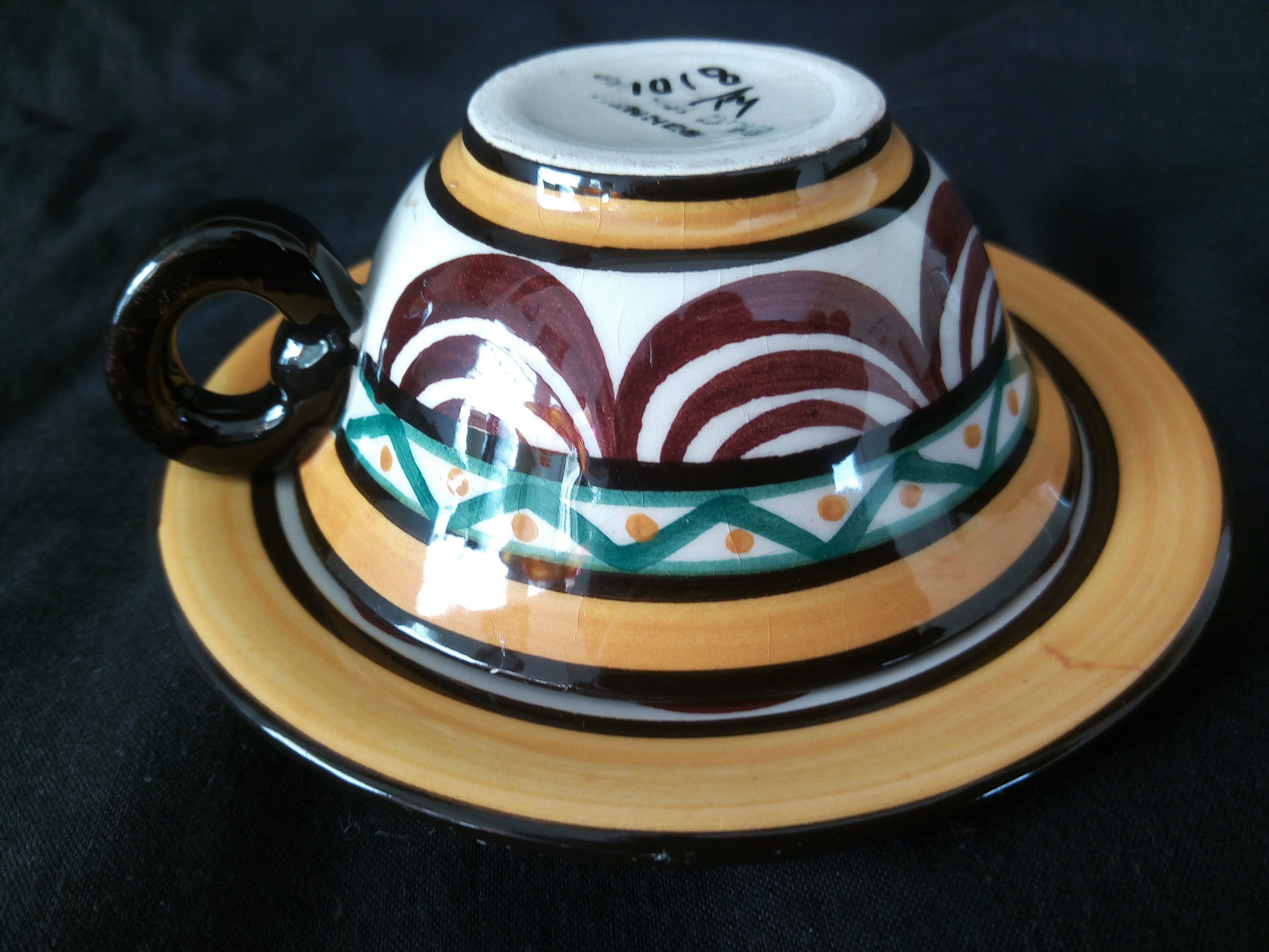 Service à café art déco en faience St. Jean de Bretagne, peint main (15 pièces)
