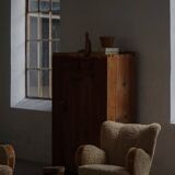 Pair of Danish Art Deco modern lounge chairs in sheepskin with lambswool and elm, 1940s.