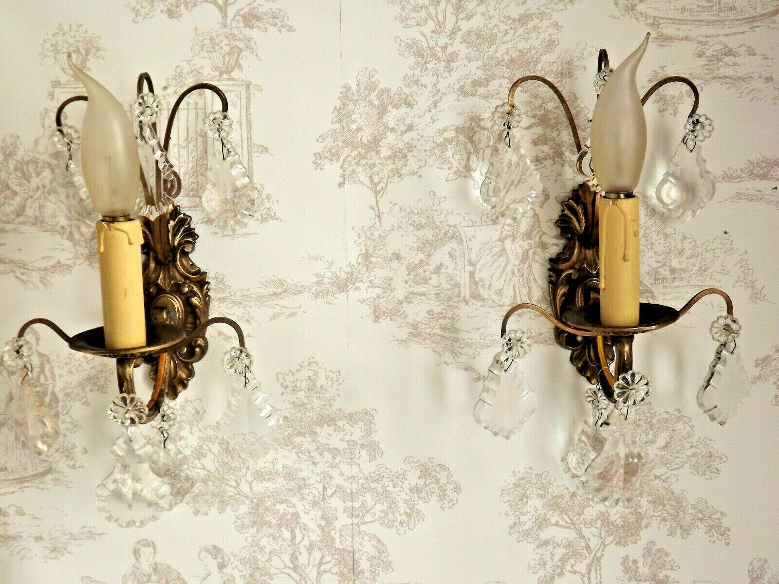 Pair vintage french ornate single wall lights with crystal drops 3138