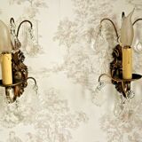 Pair vintage french ornate single wall lights with crystal drops 3138