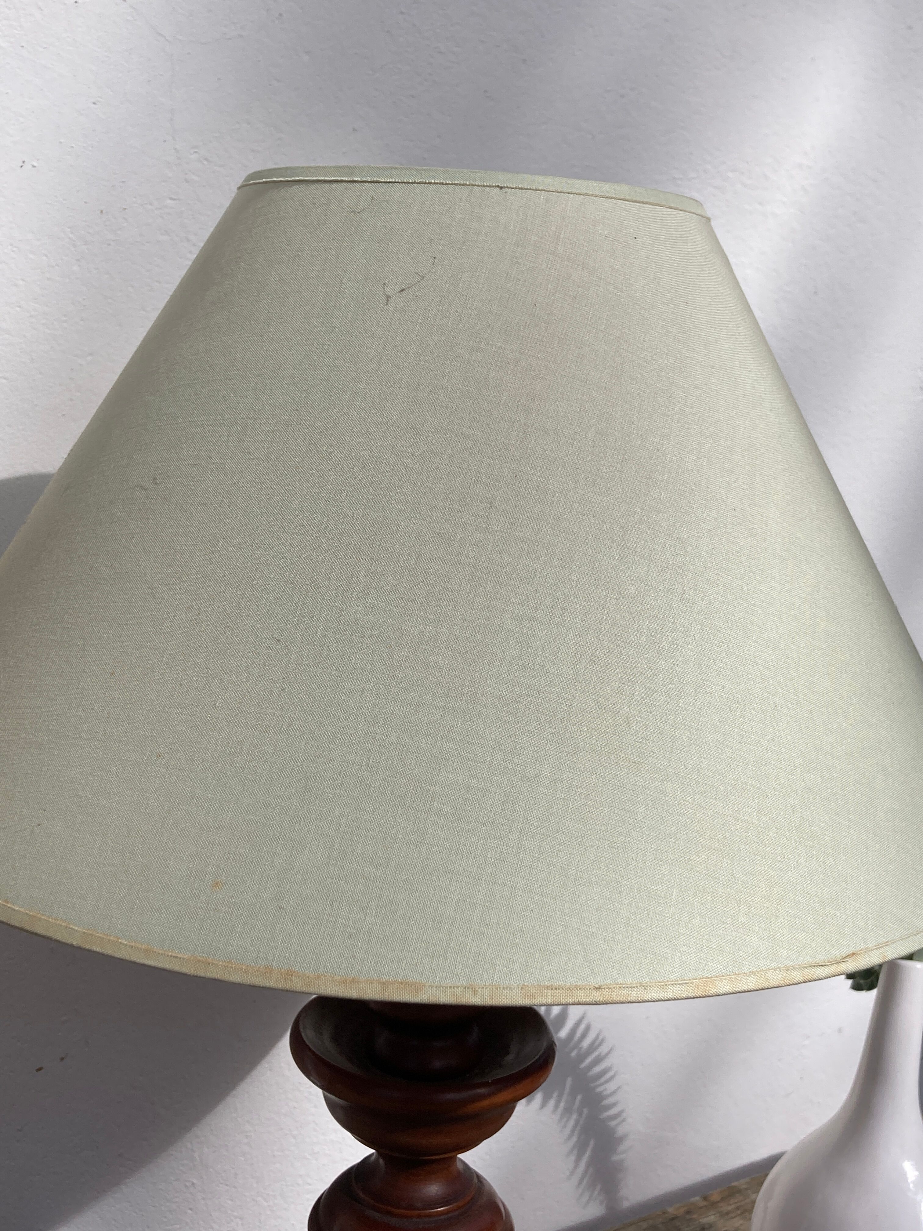 Turned wooden lamp old bluish gray lampshade