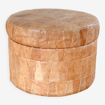 Pouf coffre patchwork cuir camel