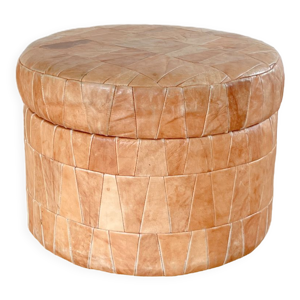 Pouf coffre patchwork cuir camel