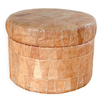 Pouf coffre patchwork cuir camel