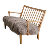 Early Swedish Modern Wooden Pine Sheepskin Sofa by Carl Malmsten, 1940s