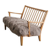 Early Swedish Modern Wooden Pine Sheepskin Sofa by Carl Malmsten, 1940s