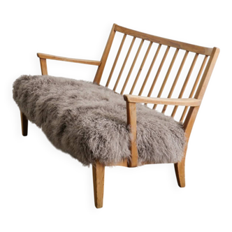 Early Swedish Modern Wooden Pine Sheepskin Sofa by Carl Malmsten, 1940s