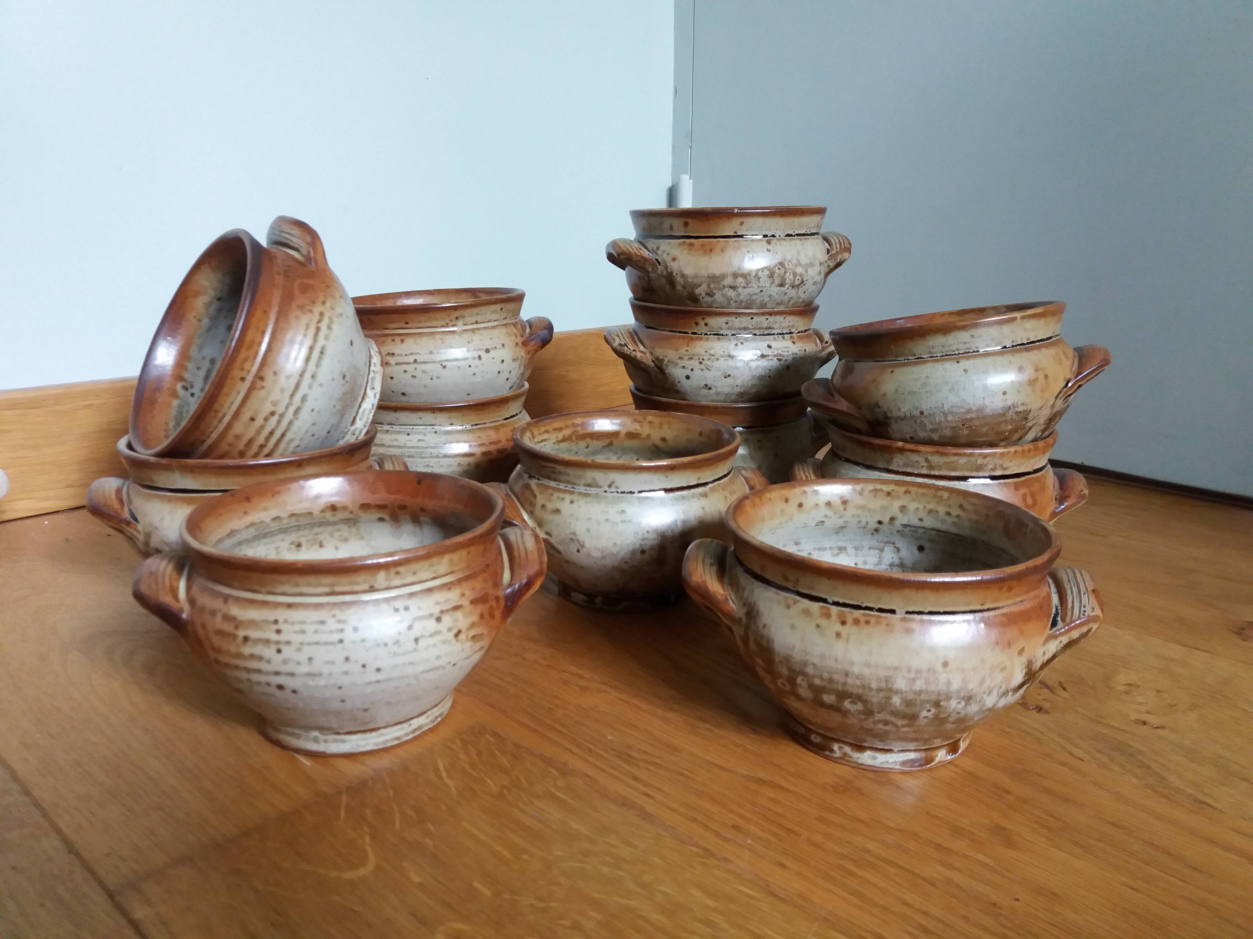 Soup bowls and cups in Puisaye stoneware by Jean-Pierre Prud'homme