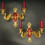 Pair of Empire style wall sconces with swans from Petitot - bronze & bordeaux patina.
