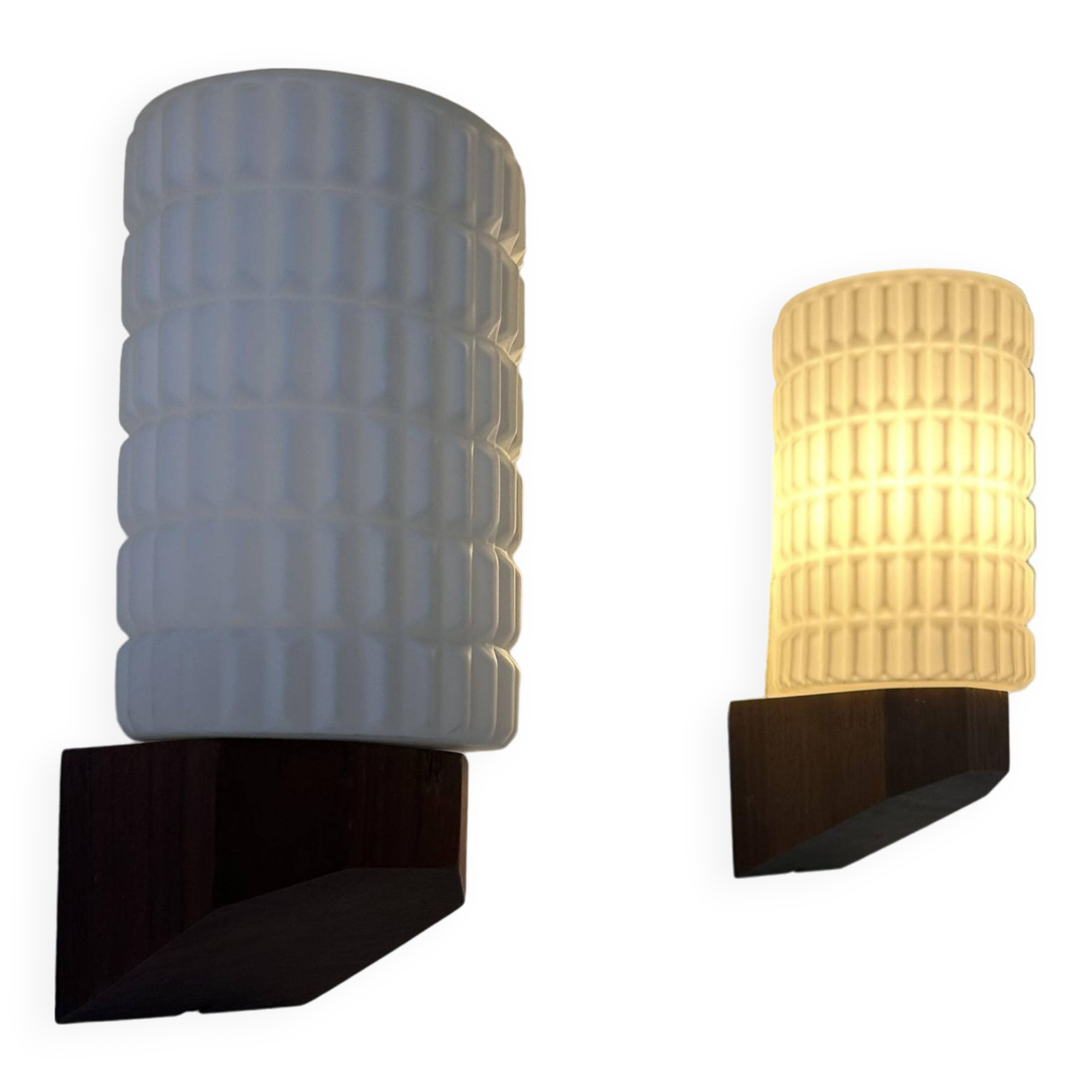Pair of vintage wall lights, teak and opaline, Philips Netherlands 1950