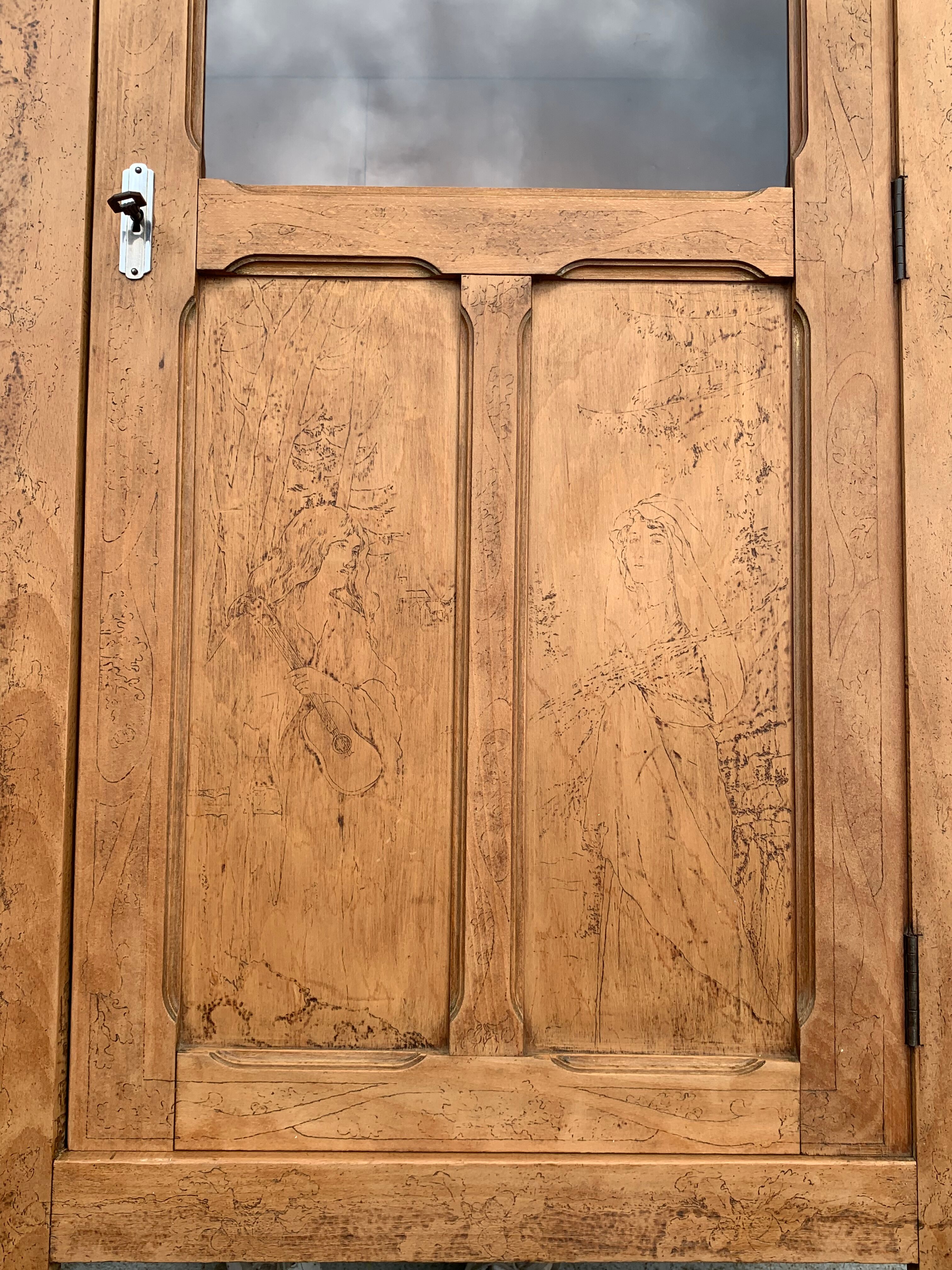 Parisian cabinet glazed raw wood nymphs and carved art nouveau decorations