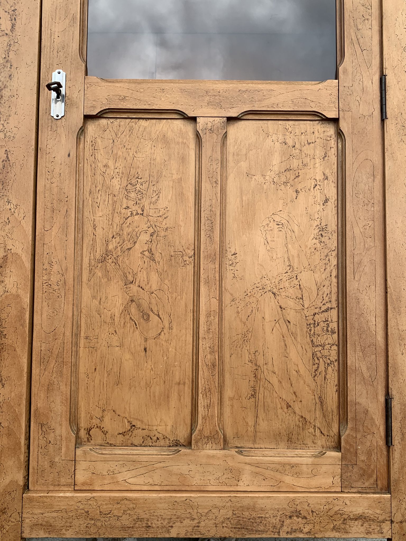 Parisian cabinet glazed raw wood nymphs and carved art nouveau decorations