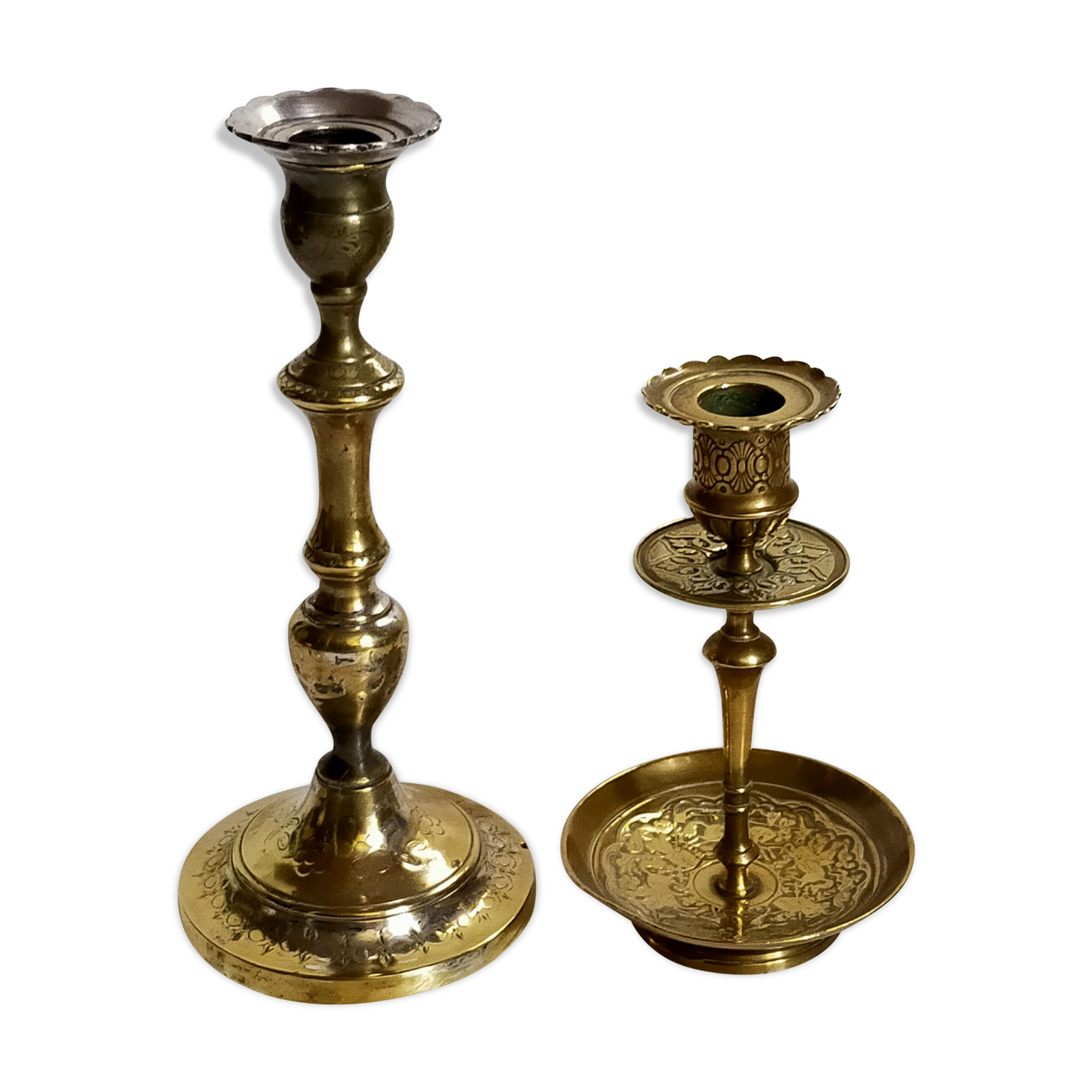 Duo of solid brass and gold metal candle holders worked old
