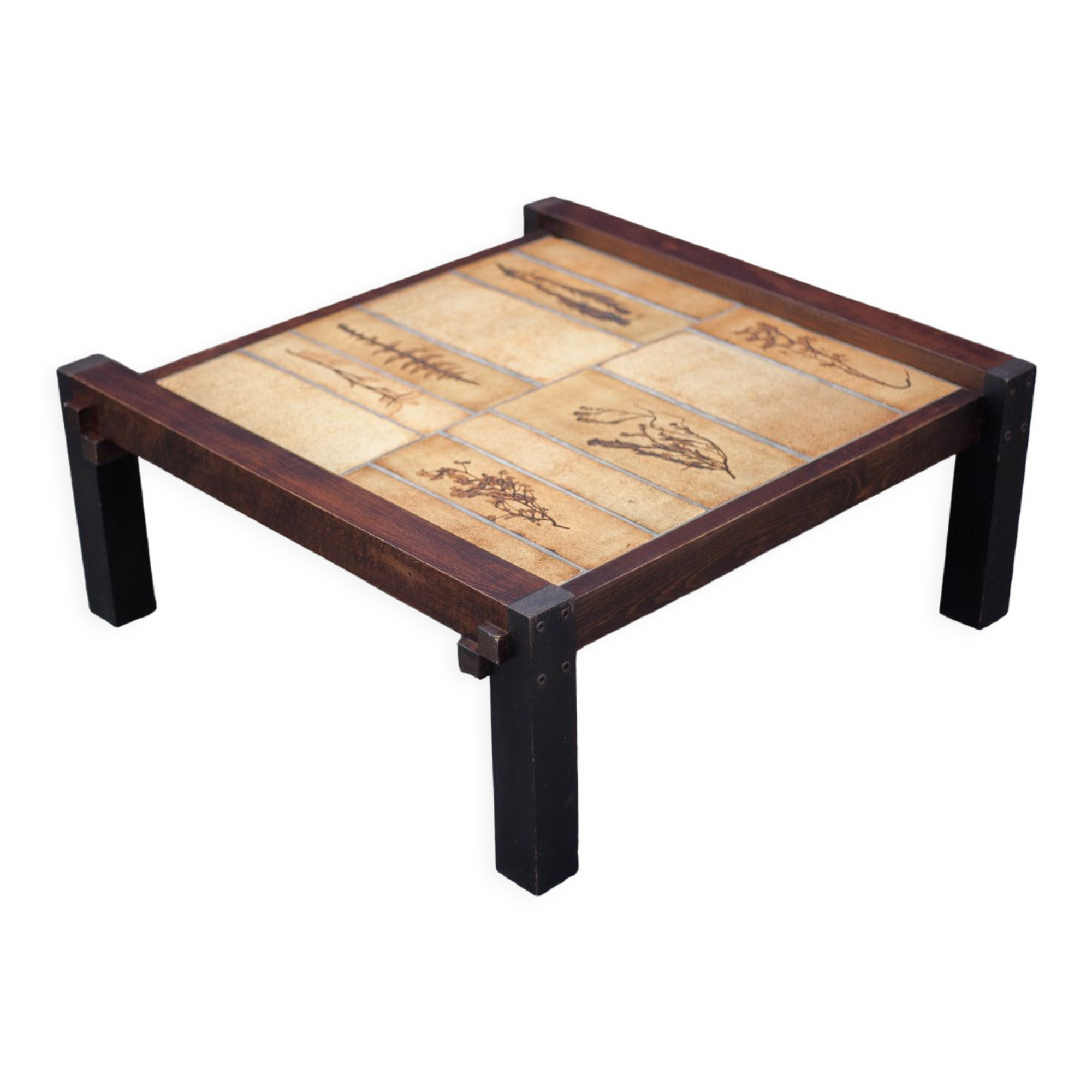 Herbarium ceramic coffee table with wooden structure, capron table, interior decoration