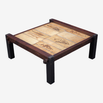 Herbarium ceramic coffee table with wooden structure, capron table, interior decoration