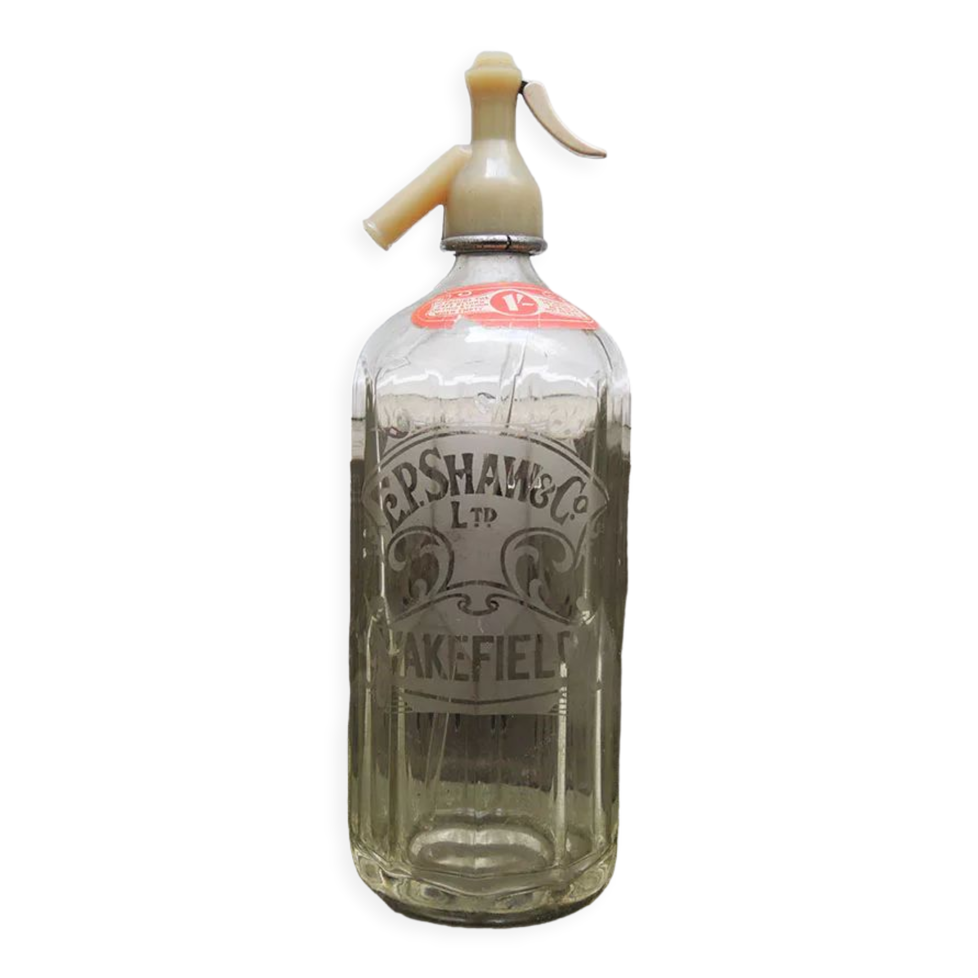 Old transparent glass siphon: EP. Shaw & Co Ltd – Wakefield