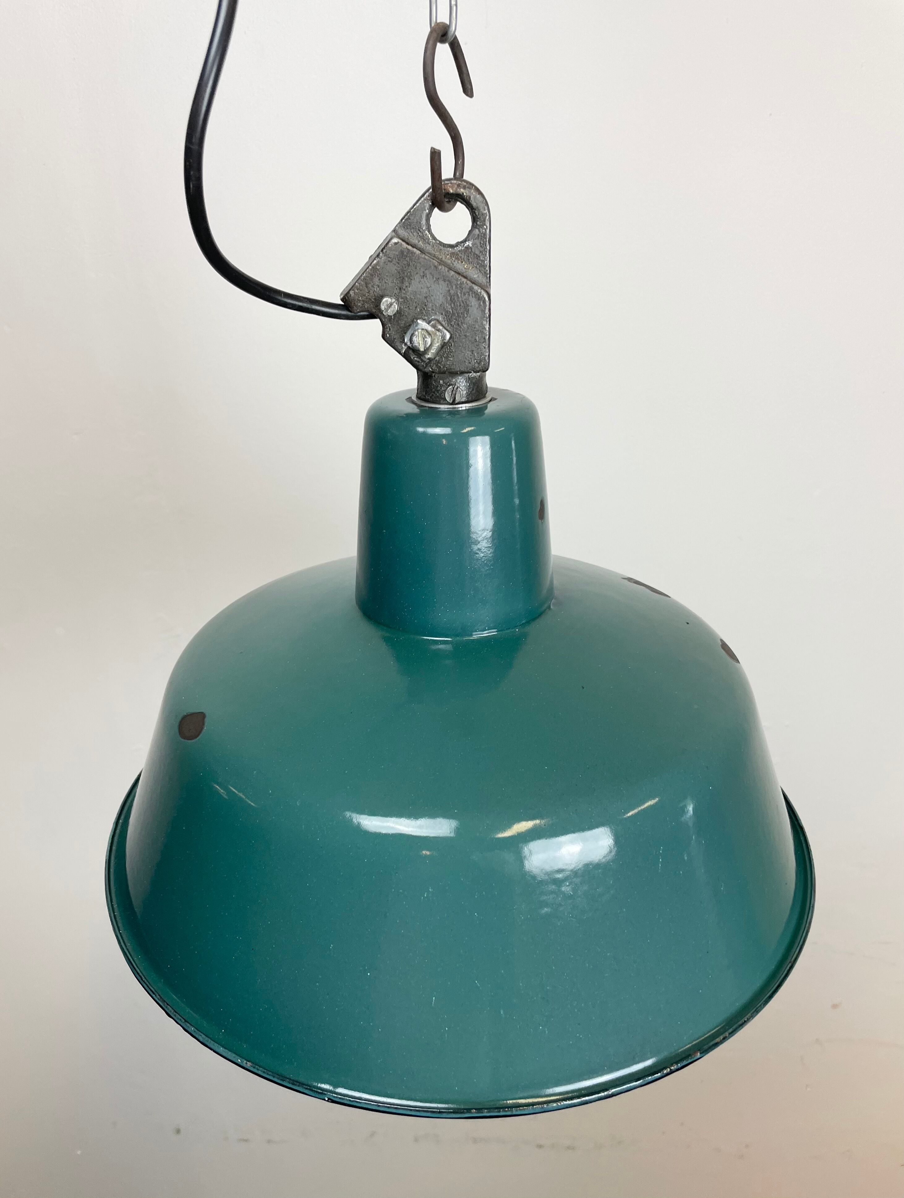 Industrial Green Enamel Factory Lamp with Cast Iron Top, 1960s