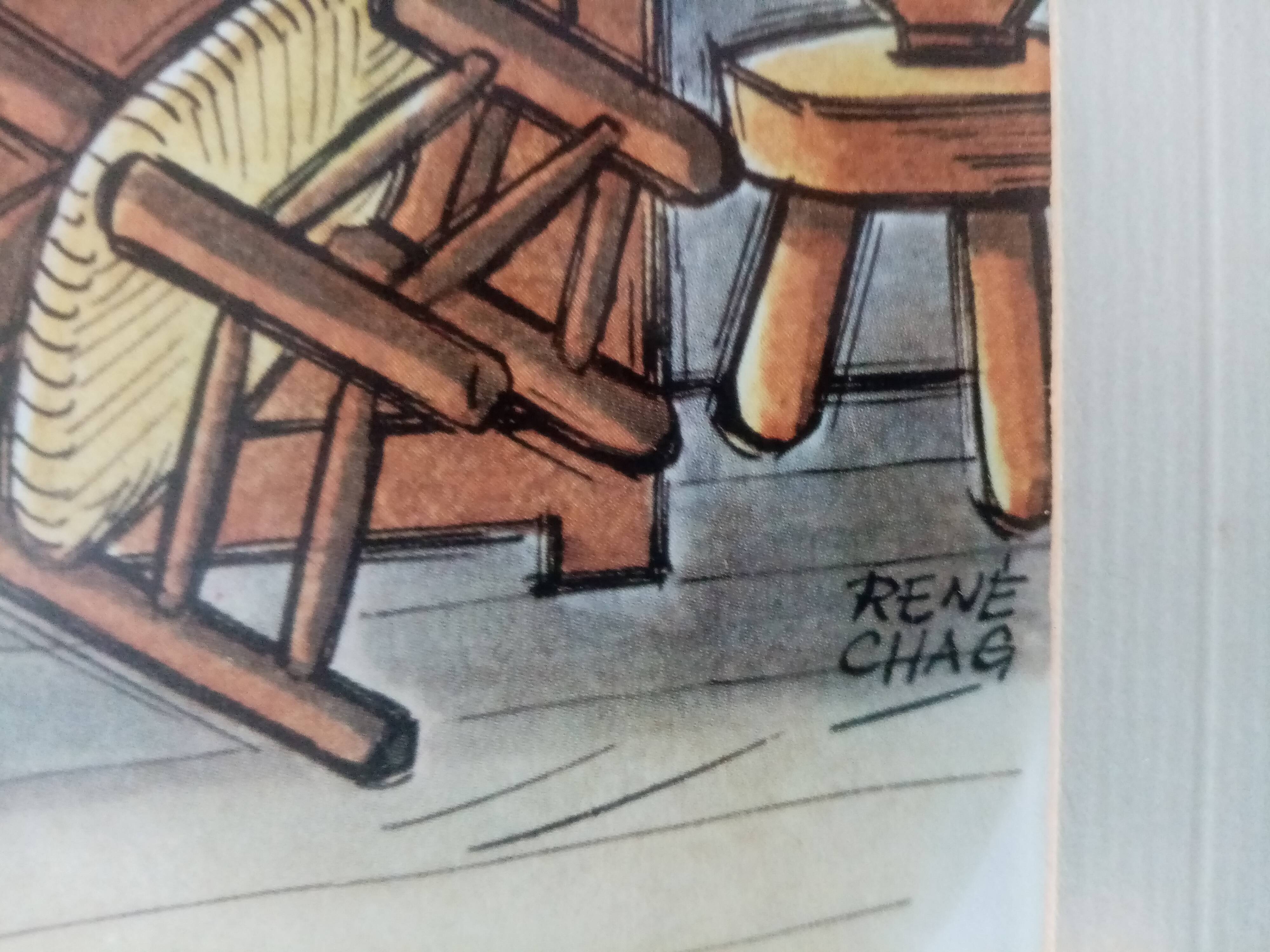 Superb and rare engraving by Rene Chag signed, theme=la poste