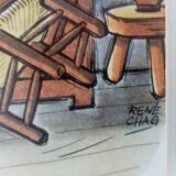 Superb and rare engraving by Rene Chag signed, theme=la poste