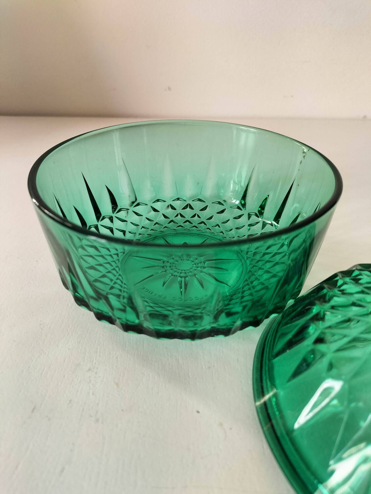 Vintage Arcoroc mint green cut glass sugar bowl or sweet jar