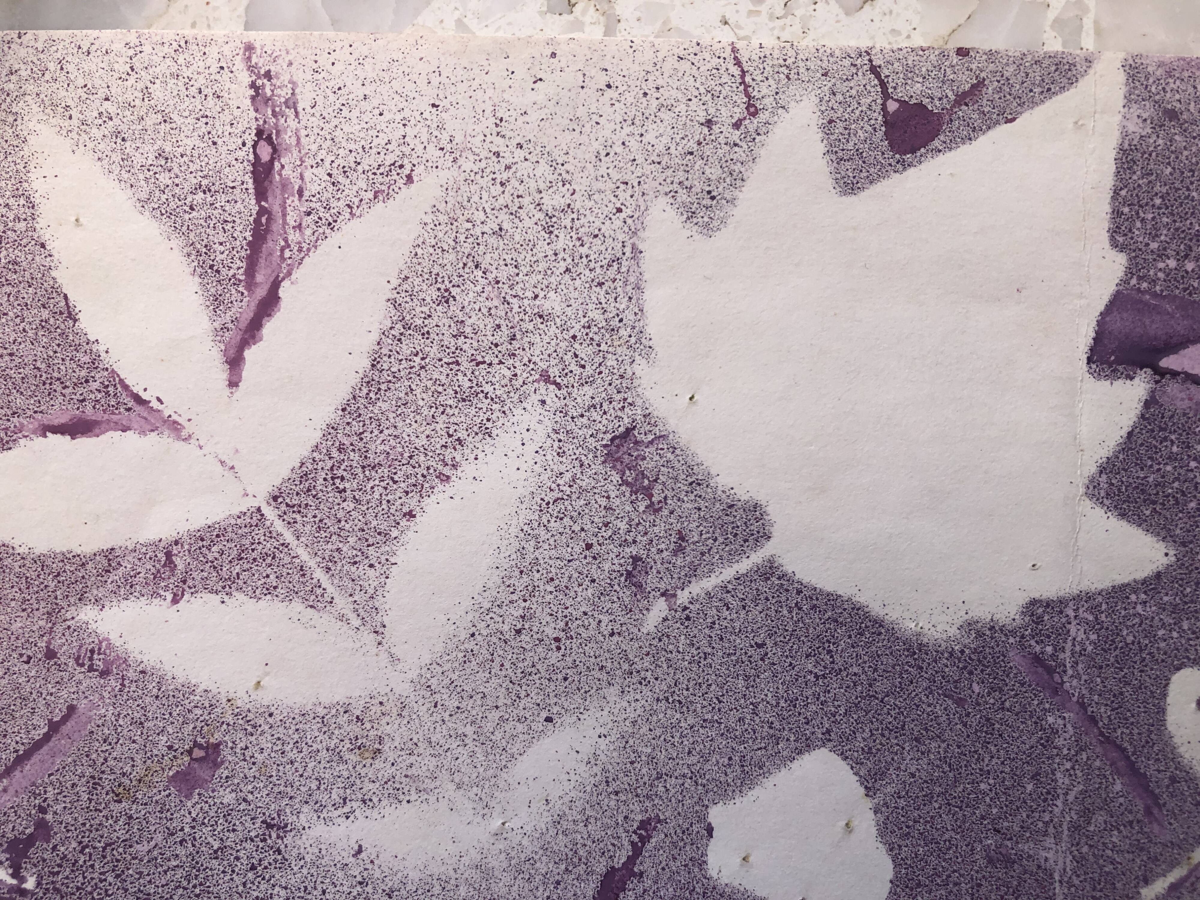 Purple acrylic paint with leaves stencil on paper, signed boettren or boettner? contemporary