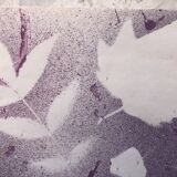 Purple acrylic paint with leaves stencil on paper, signed boettren or boettner? contemporary