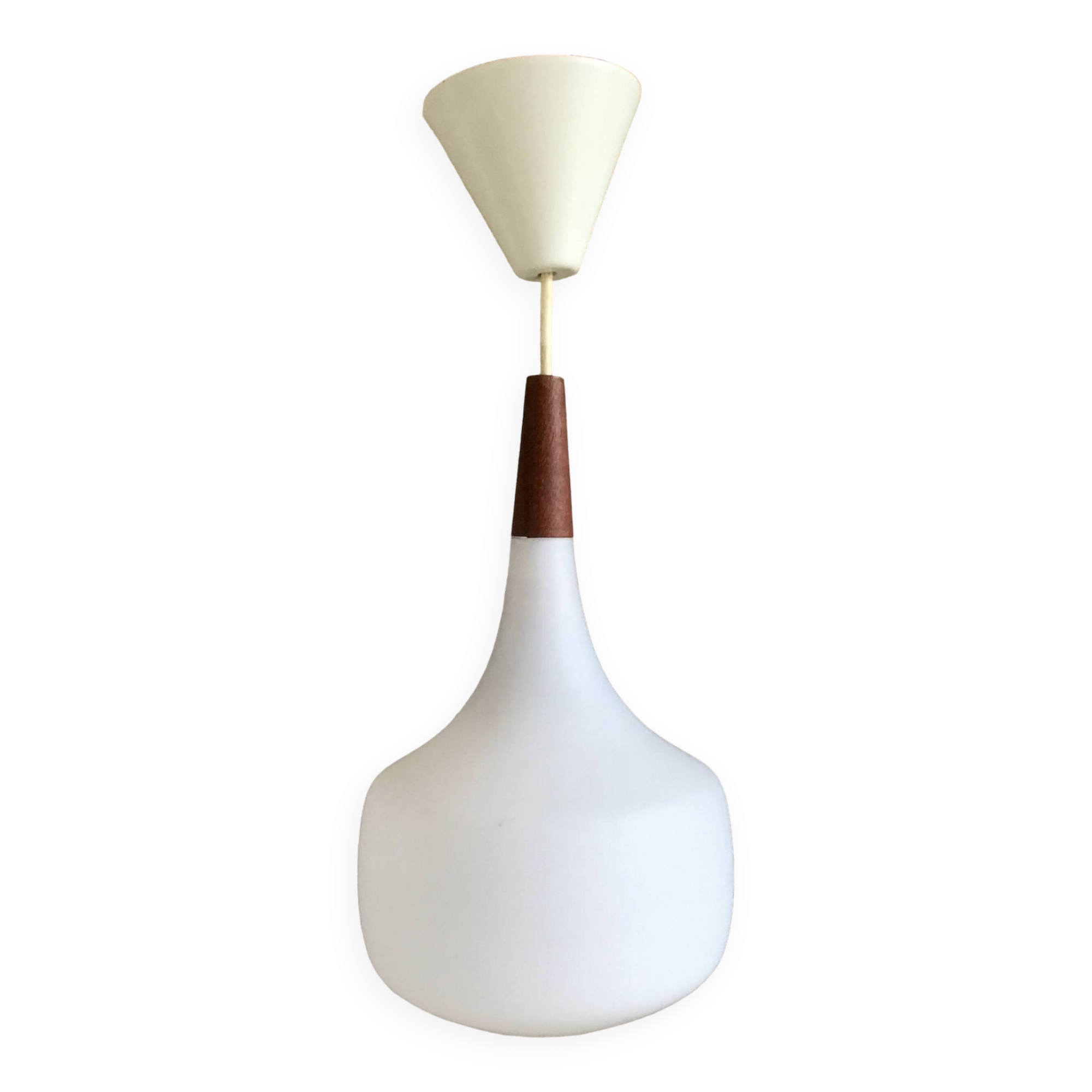 Scandinavian pendant light in opaline and teak - vintage 1960