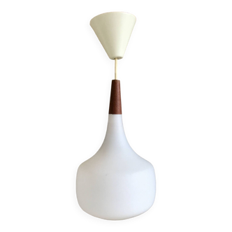 Scandinavian pendant light in opaline and teak - vintage 1960