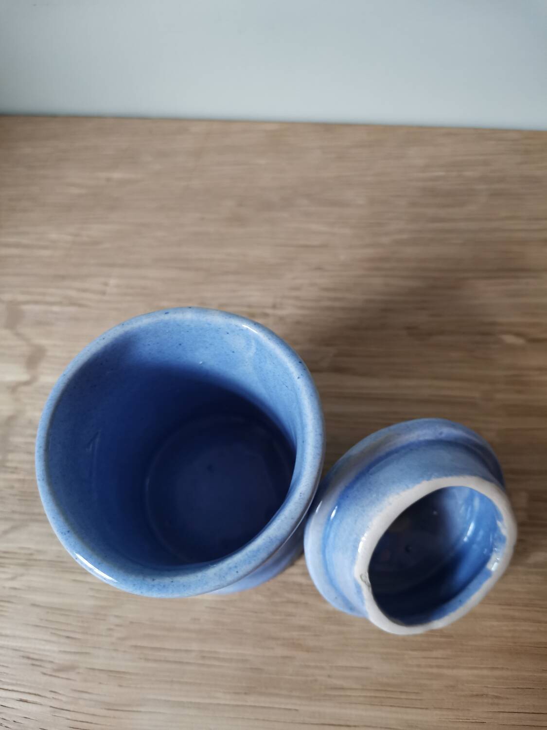 Nutmeg spice pot in vintage blue ceramic vegetable pattern stamped sipa France advertising