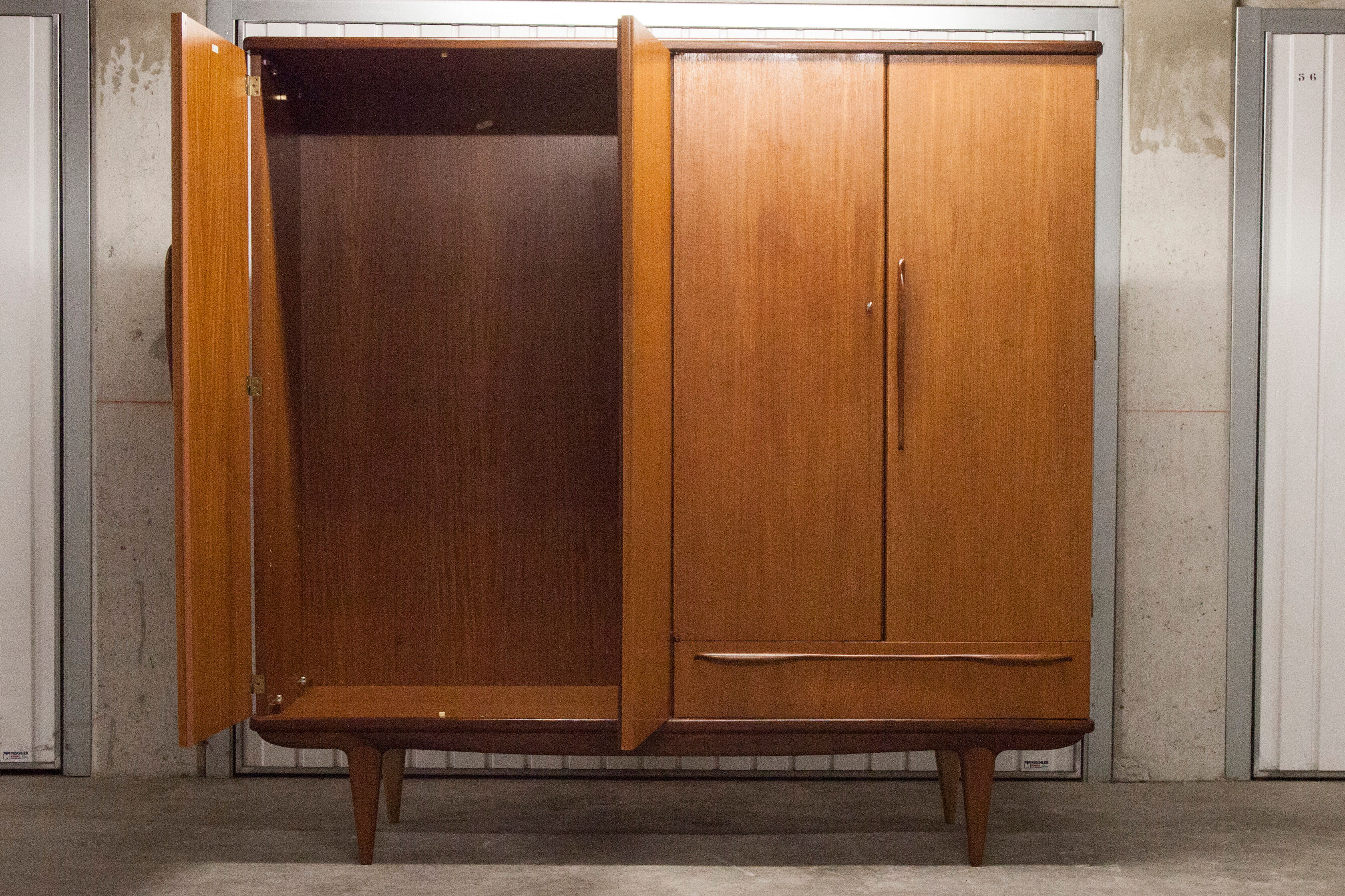 Scandinavian wardrobe 1960 teak 4 doors, 3 drawers, 2keys