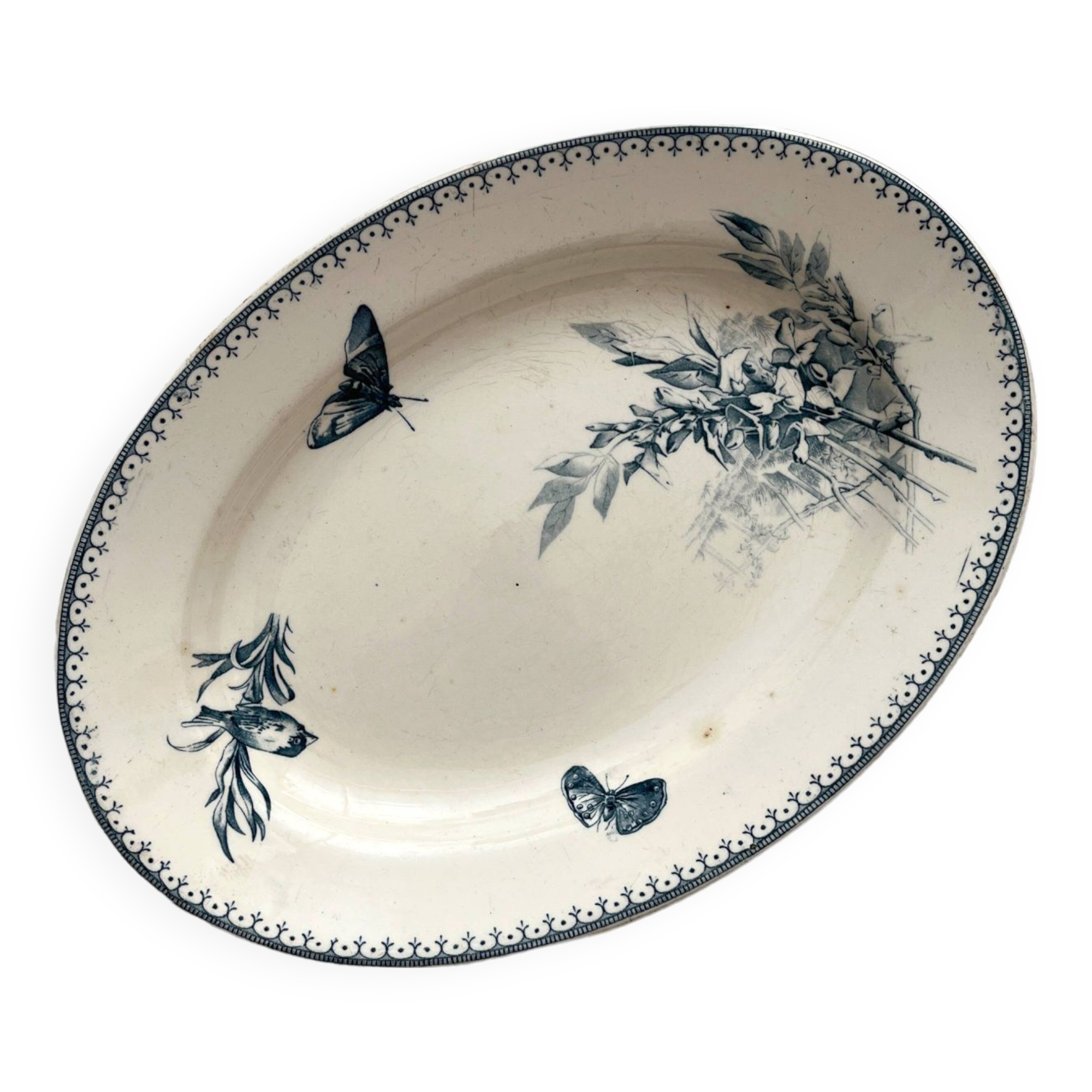 Oval ironstone dish flowers birds "Malaga" Petrus Regout