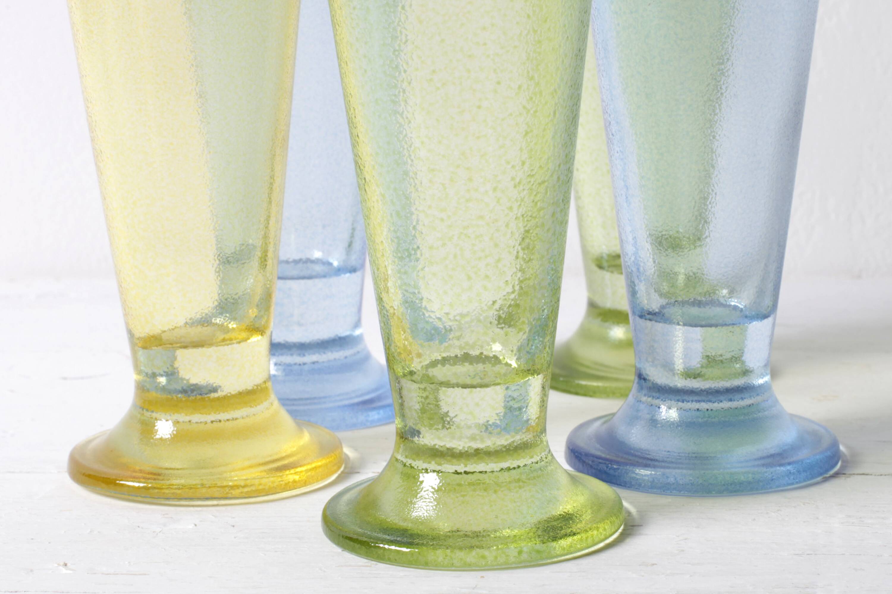 Set of 5 Colorful Yellow, Green and Blue Water Tumblers / Turkey / 2000s