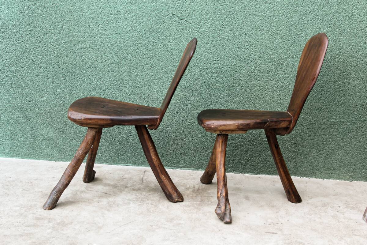 Pair of brutalist chairs in raw wood