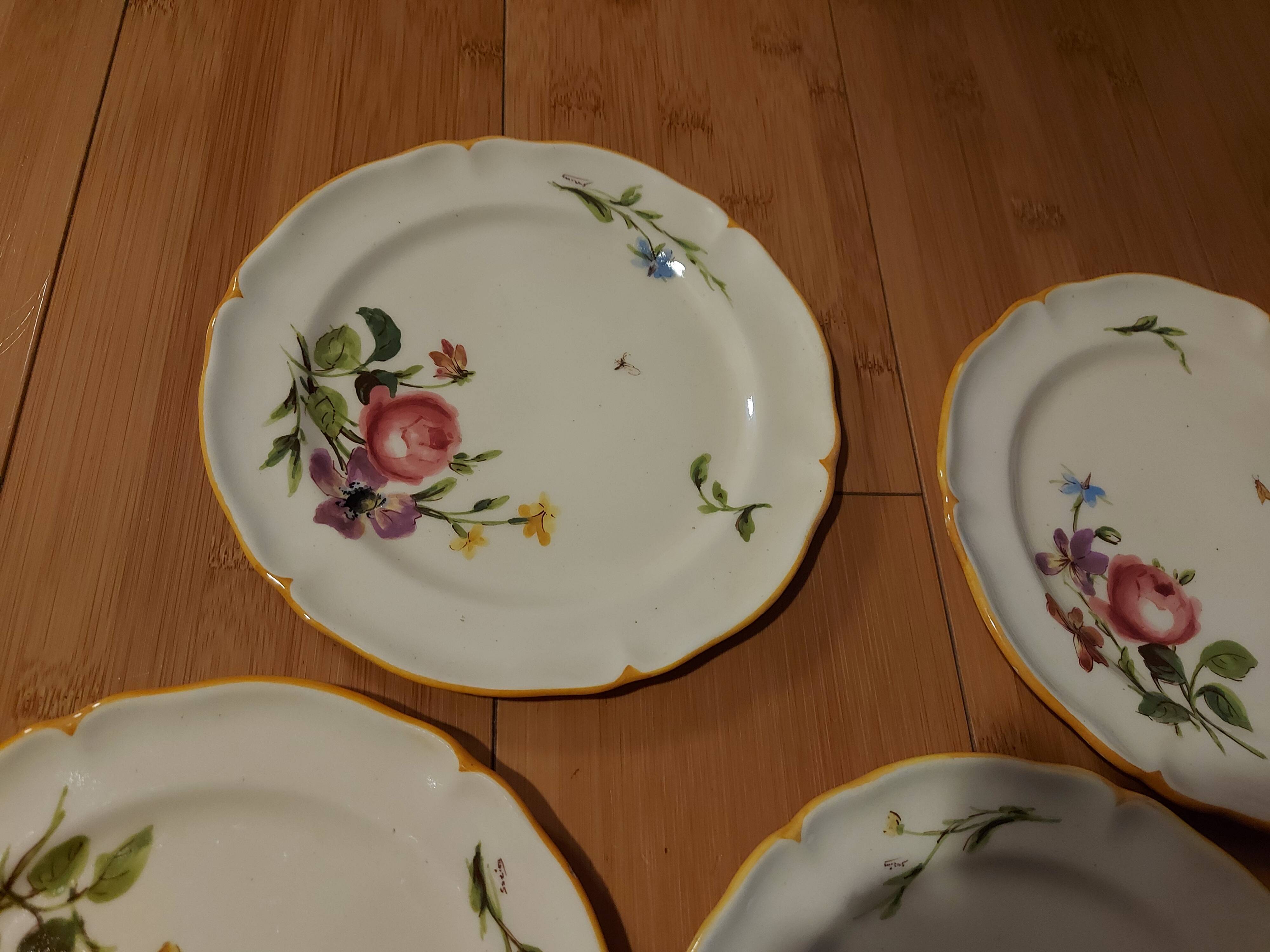 10 dessert plates painted decorated with flowers, insects (all different)